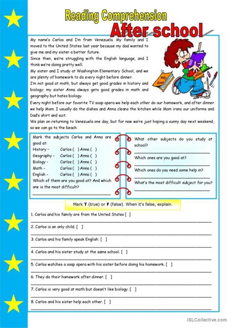 After School Reading Comprehension English Esl Worksheets Pdf And Doc