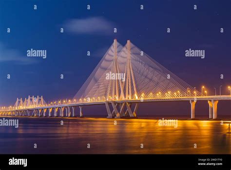 Bandra Worli Sea Link lights up during night, Mumbai Stock Photo - Alamy