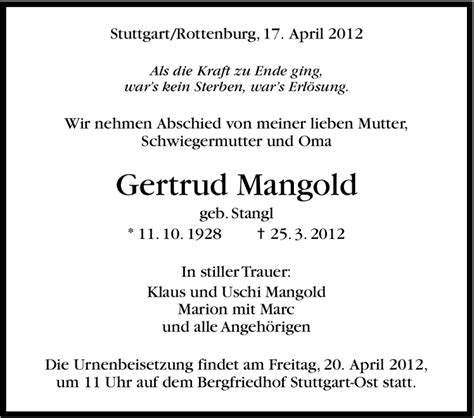 Traueranzeigen Von Gertrud Mangold Stuttgart Gedenkt De