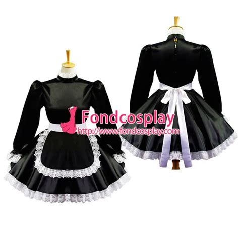 Sexy Sissy Maid Black Satin Dress Lockable Uniform Cosplay Costume