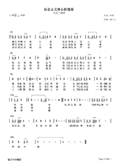 民歌谱 社会主义核心价值观之歌 韩明 臧云飞民歌乐谱