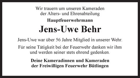 Traueranzeigen von Jens Uwe Behr Trauer Lüneburg de