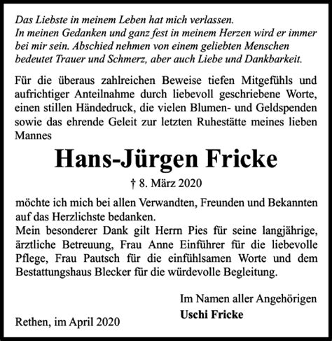 Traueranzeigen von Hans Jürgen Fricke trauer38 de