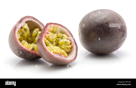 Passion Fruit Cut In Half Isolated On White Background Two Halves And