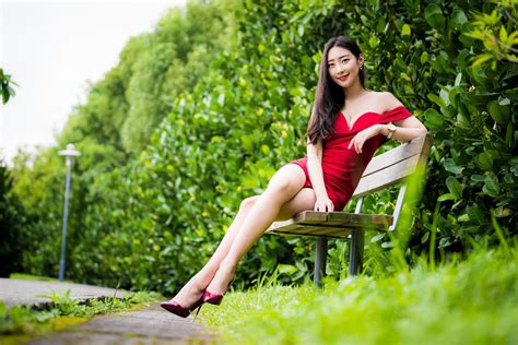 4k Asian Bokeh Bench Sitting Stilettos Legs Dress Smile