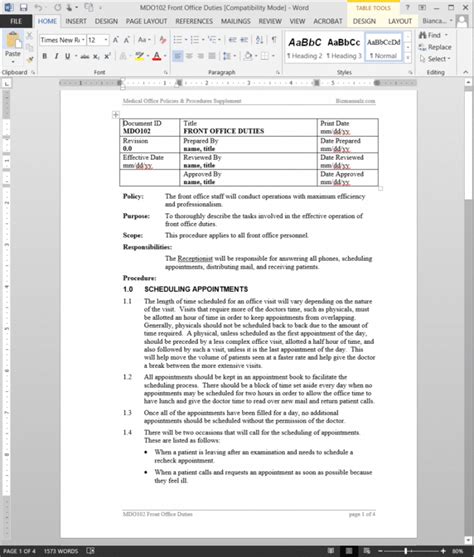 Front Office Duties Procedure Template Word