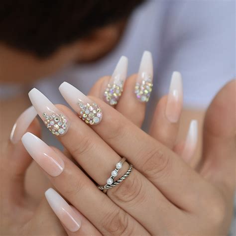 Rhinestones Nail Press Ons Extra Long Coffin D Designed Fake Nails Jewel Luxury Rosy Nude