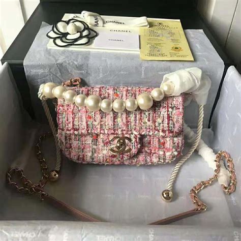 Chanel Women Shoulder Flap Bag Tweed Metal Chain Faux Pearl Pink LULUX