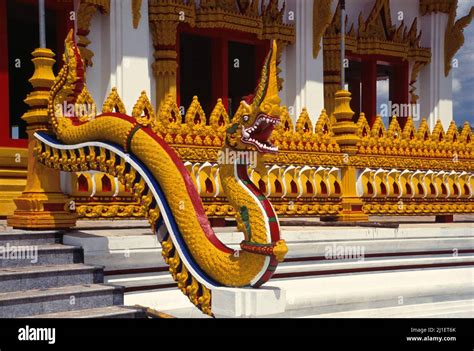 Thailand. Khon Kaen. Nong Waeng Temple. Naga statue at entrance Stock ...