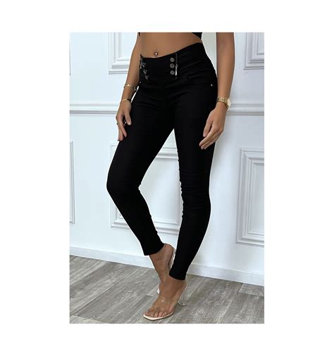 Pantalon Slim Noir En Strech Avec Boutons Et Fermeture La Taille