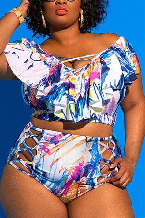 Sexy Printed High Waist Plus Size Blue Swimsuit