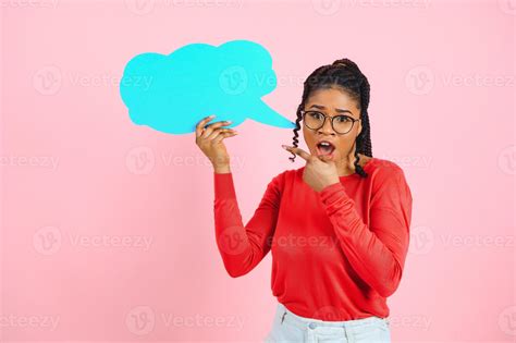 Amazing Offer Overjoyed Girl Holding Empty Speech Bubble Pointing