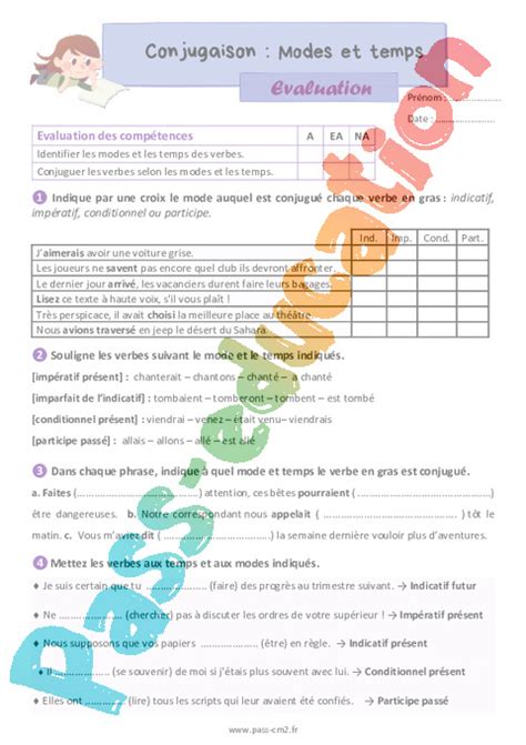 Modes Et Temps Valuation De Conjugaison Pour Le Cm Pdf Imprimer