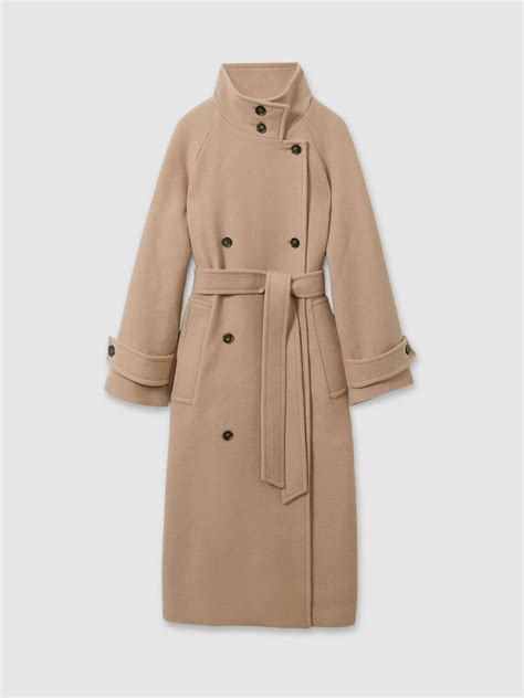 Reiss Neutral Prim Wool Blend Double Breasted Funnel Neck Coat