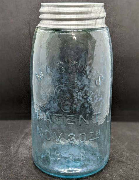 Masons Cfjco Patent Nov 30th 1858 Aqua Blue Xh7 Quart Fruit Jar 75 Ebay Old Glass Bottles