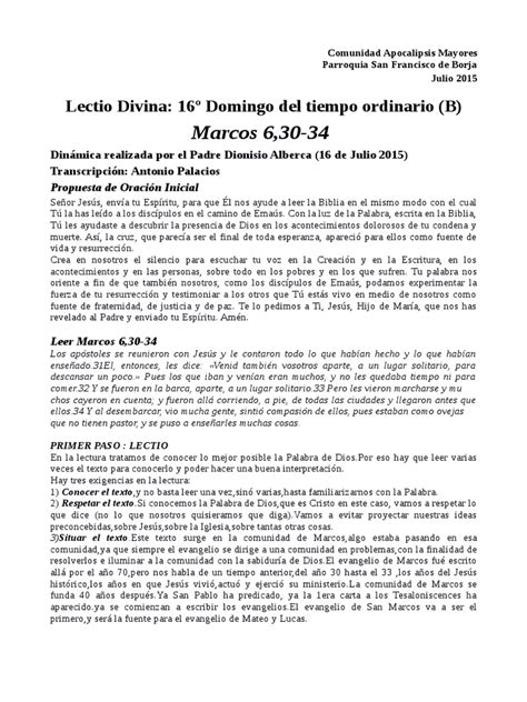 Lectio Divina Marcos 6 30 34 Version Resumen Pdf Evangelios Jesús