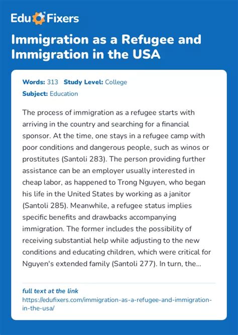 Immigration As A Refugee And Immigration In The Usa Free Essay Example