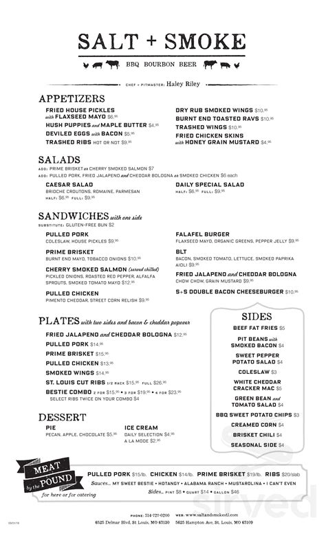 Menu for Salt + Smoke - St. Louis, MO | Sirved