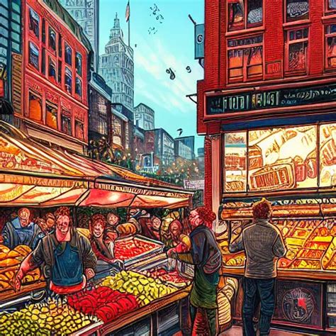 Busy Food Market Street Scene By Dan Mumford And By Stable Diffusion