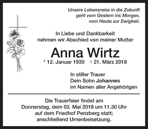 Traueranzeigen Von Anna Wirtz Trauer Merkur De