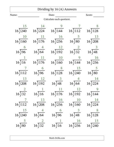 Division Facts By A Fixed Divisor 16 And Quotients From 1 To 16 With