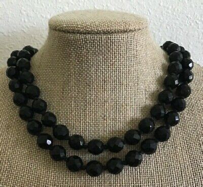 Vintage Made In Austria Double Strand Black Faceted Glass Bead Necklace