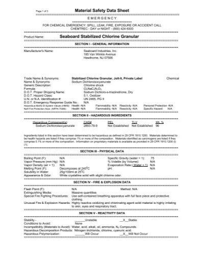 Material Safety Data Sheet Seaboard Stabilized Chlorine Granular