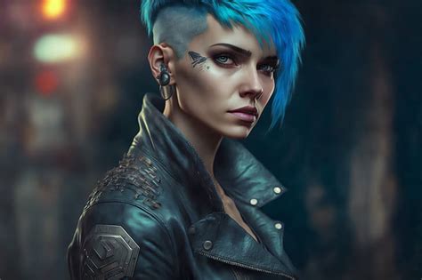 Ki Kunst Cyberpunk Blaues Haar Frauen Lederjacke Illustration Hd