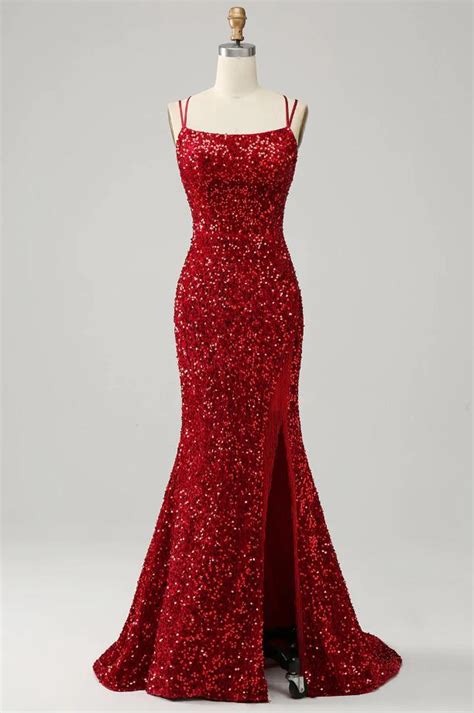 Spaghetti Straps Red Sequins Mermaid Slit Prom Dress On Luulla