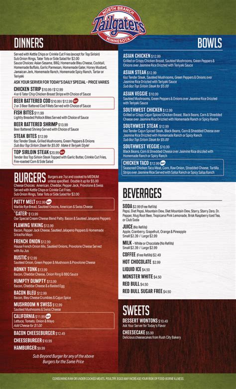 Menu Tailgaters Sports Bar Grill