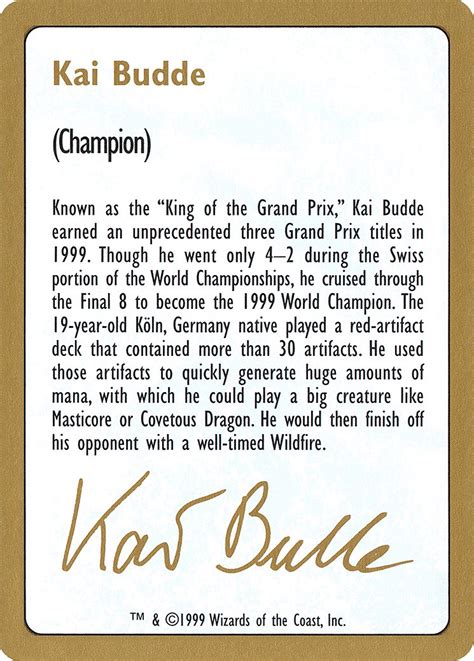 1999 Kai Budde Biography Card World Championship Decks Magic The