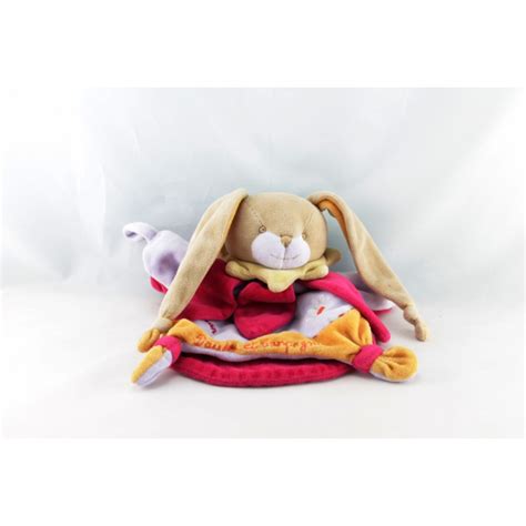 Doudou Plat Marionnette Lapin Rose Rouge Orange Mauve Maman Col Fleur