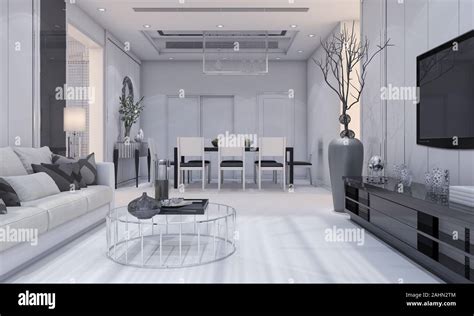 3d rendering nice modern design luxury living room and dining room with ...