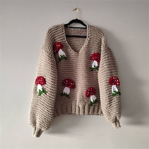 Big Large Mushroom Sweater Beige Knitted Pullover Oversize Embroidery