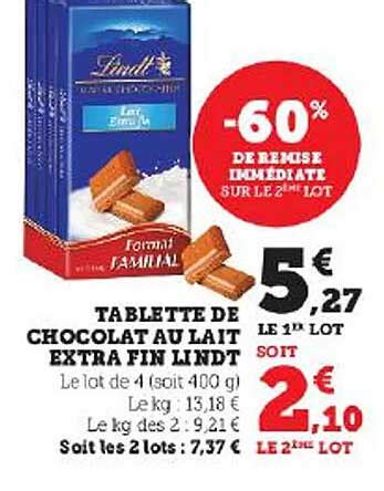 Promo Tablette De Chocolat Au Lait Extra Fin Lindt Chez Hyper U