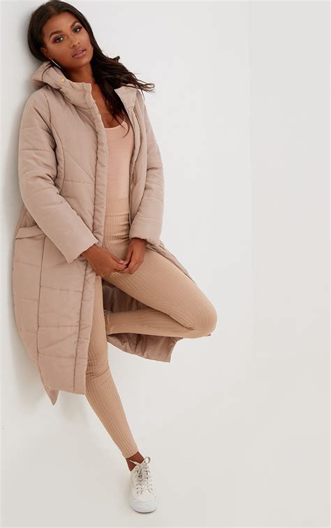 Basic Beige Hooded Longline Puffer Jacket Coats And Jackets Prettylittlething Ca