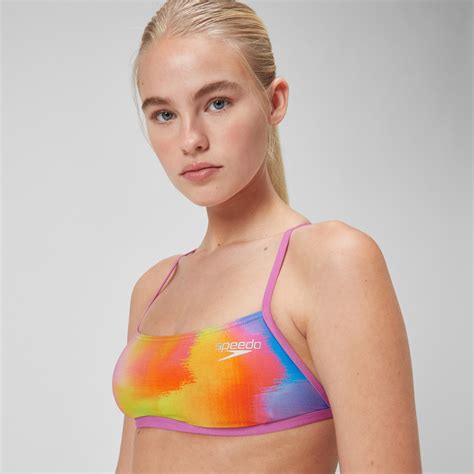 Women S Club Training Allover Digital Cross Back Crop Top Bikini Top Pink Yellow Speedo UK