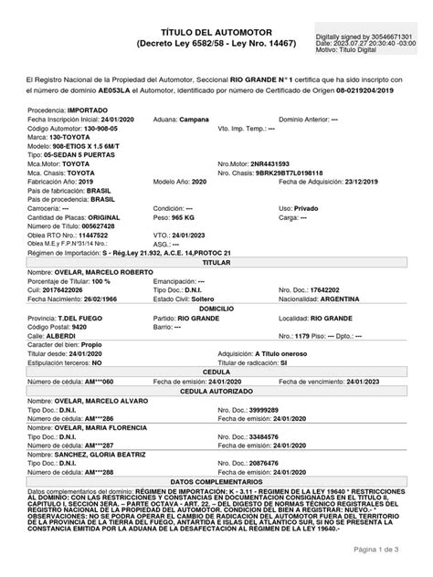 Título Del Automotor Decreto Ley 6582 58 Ley Nro 14467 Oblea M E Y F P N°31 14 Nro Pdf