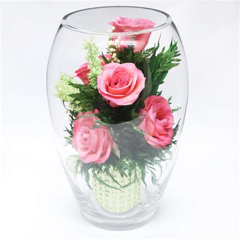 40337 Long Lasting Pink Roses In A Elliptical Round Glass Vase — Fiora Flower