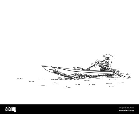 Sketch Of Vietnam Man In Conical Hat Is Rowing Boat With His Feet Hand Drawn Vector