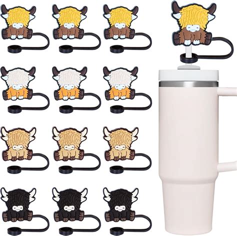 12 Pcs 0 4 Inch Highland Cow Straw Cover Cap Silicone Straw