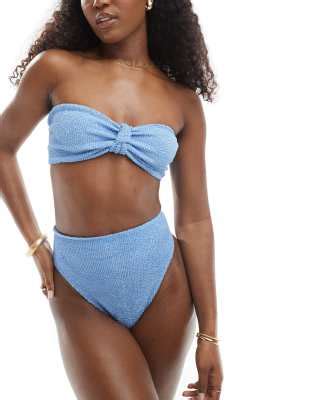 Top De Bikini Azul Con Escote Palabra De Honor Y Detalle Anudado De Tejido Rugoso Amy Mix