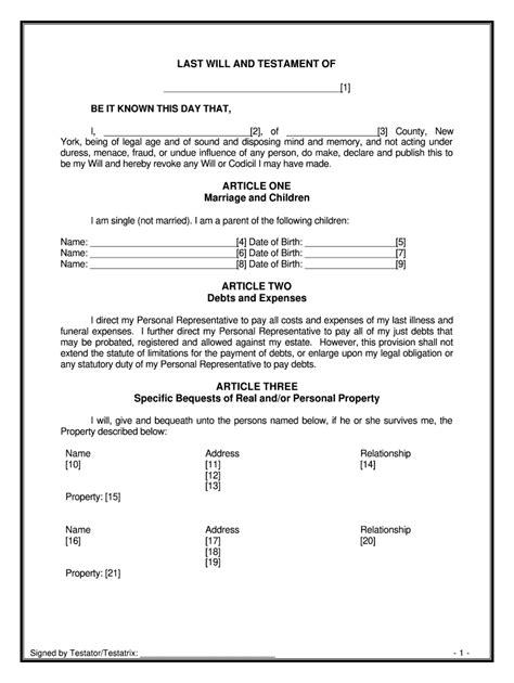 New York Legal Last Will And Testament Form For Single Person With