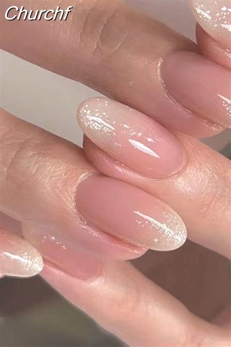 Churchf Glitter Short Almond False Nails Pink Aurora Ellipse Fake Nails