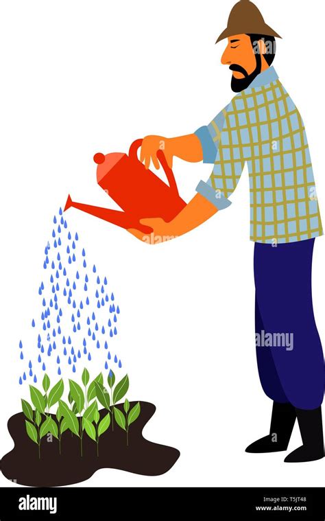 Man Watering Plants Isolated Vector Illustration On A White Background