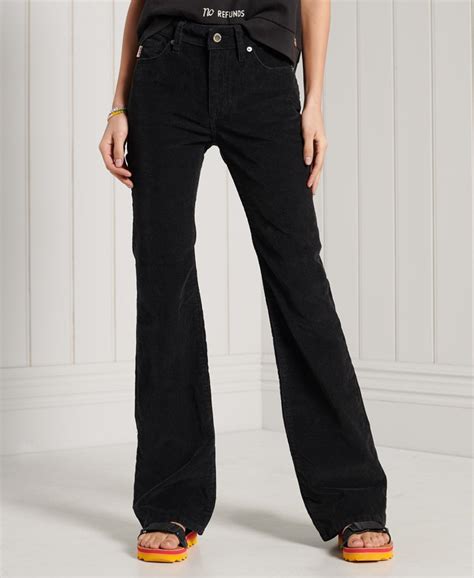 Womens Mid Rise Slim Cord Flare Jeans In Black Superdry