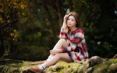 Image Brown Haired Bokeh Girls Asian Sit 3840x2400