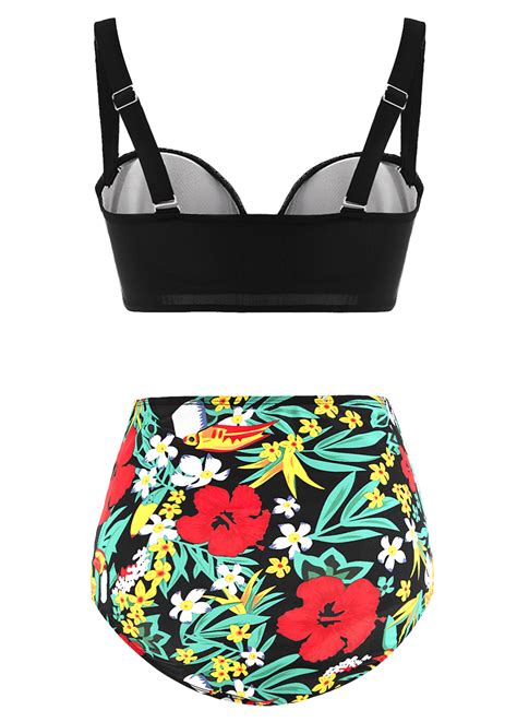 Floral Print High Waist Flounce Decorative Ring Bikini Set Modlily