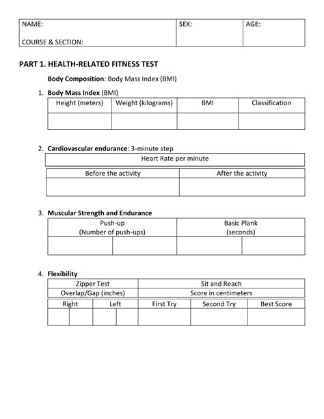 Physical Fitness Test Name Course And Section Sex Age Part 1 Health Related Fitness Test