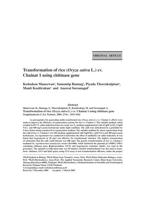 Pdf Transformation Of Rice Oryza Sativa L Cv Chainat 1 Rdopsu